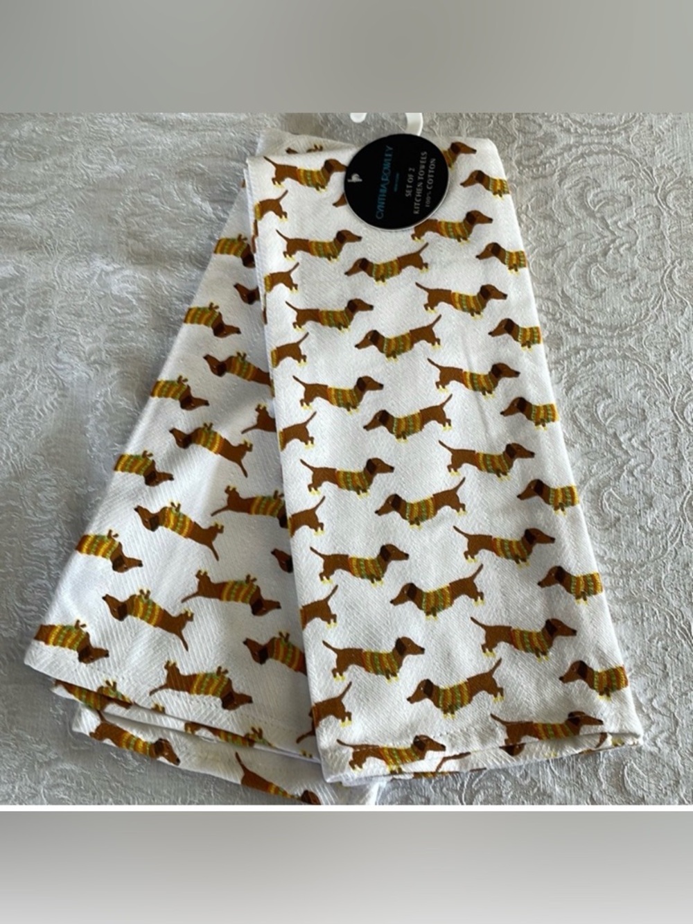 Darling dachshund in sweaters Cynthia Rowley, kitchen towels. Set of 2